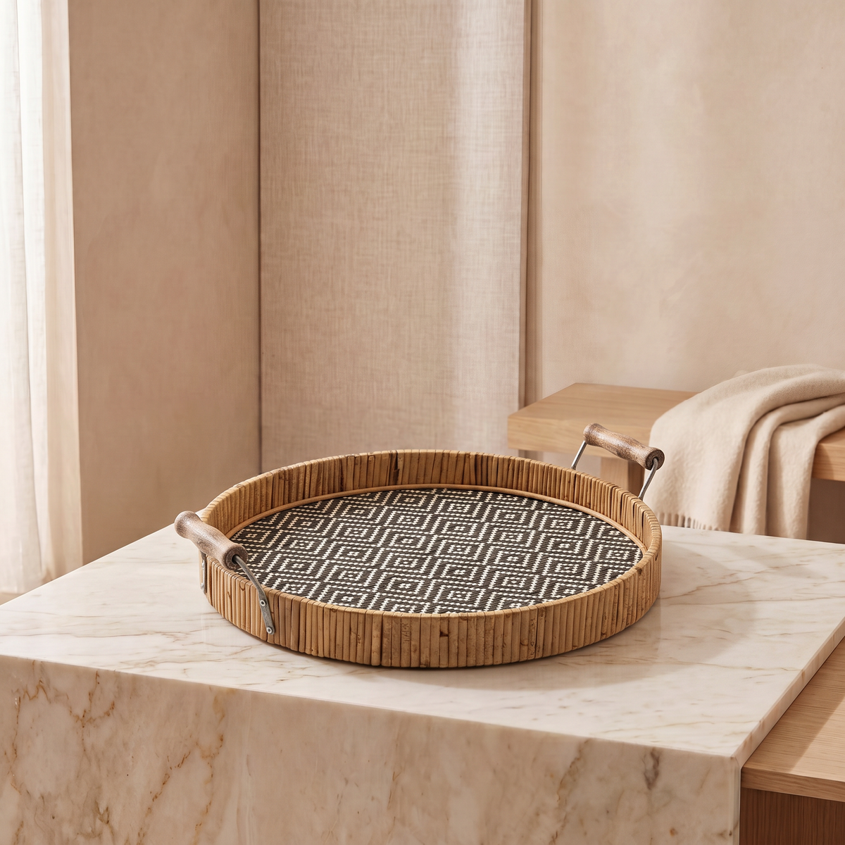 Black And Beige Round Rattan Tray