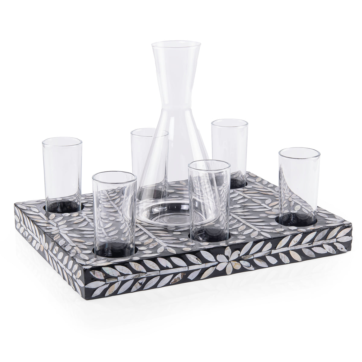 Set of Black Rectangular Tray with Jar and 6 Glasses with gift box