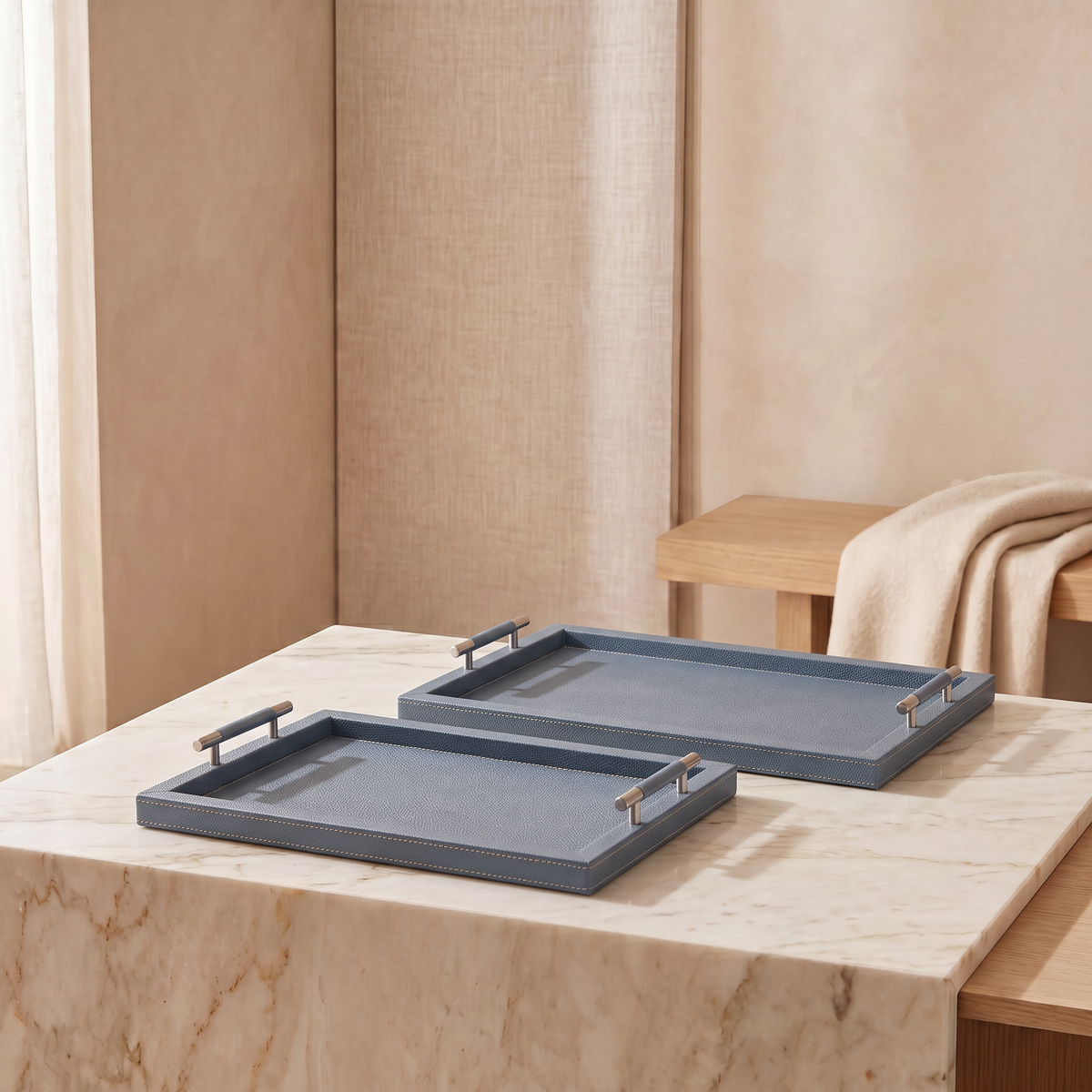 Set of 2 sky blue leather tray with gift box
