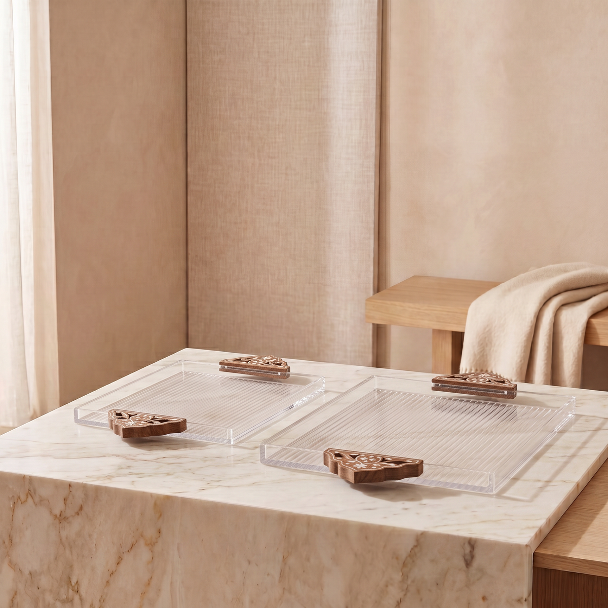 Set of 2 acrylic tray with wooden handle
