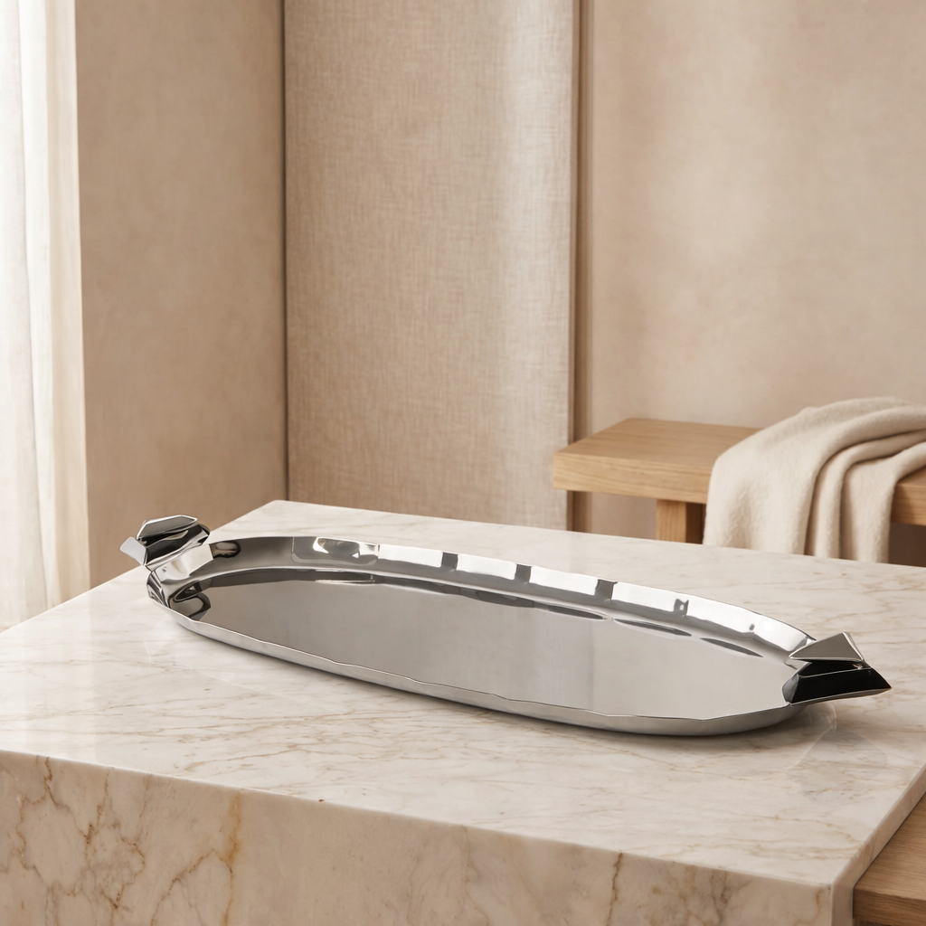Oval Metal Tray Silver and Black - small