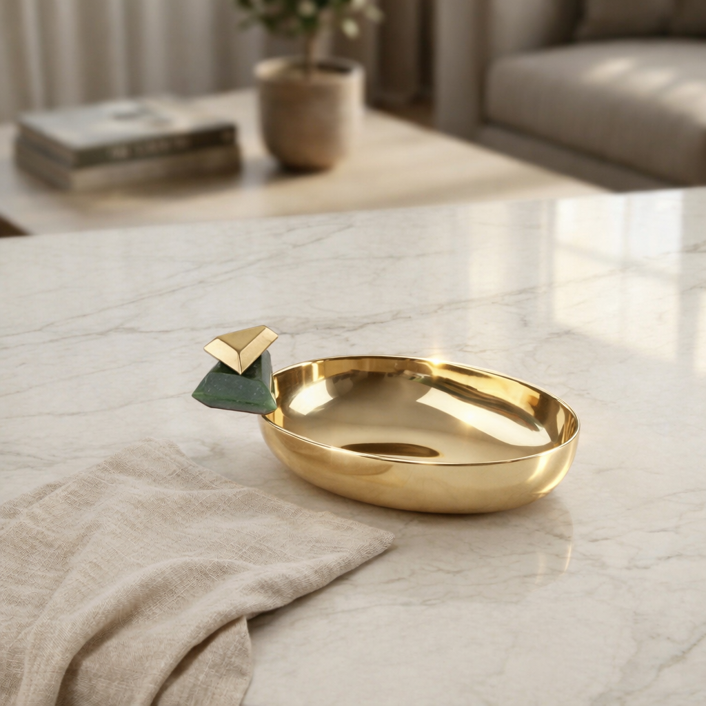 Shiny Steel Serving Bowl with Gold & green Accents - Small