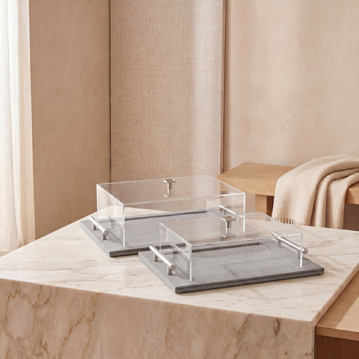 Set of 2 leather trays with metal handle and acrylic cover