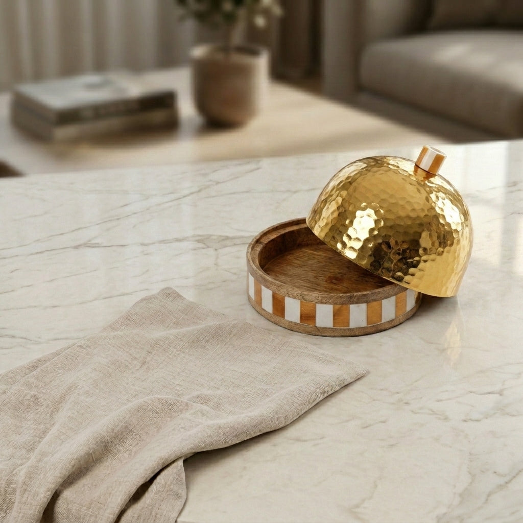 Bowl with metal cover and wooden base with mother of pearl
