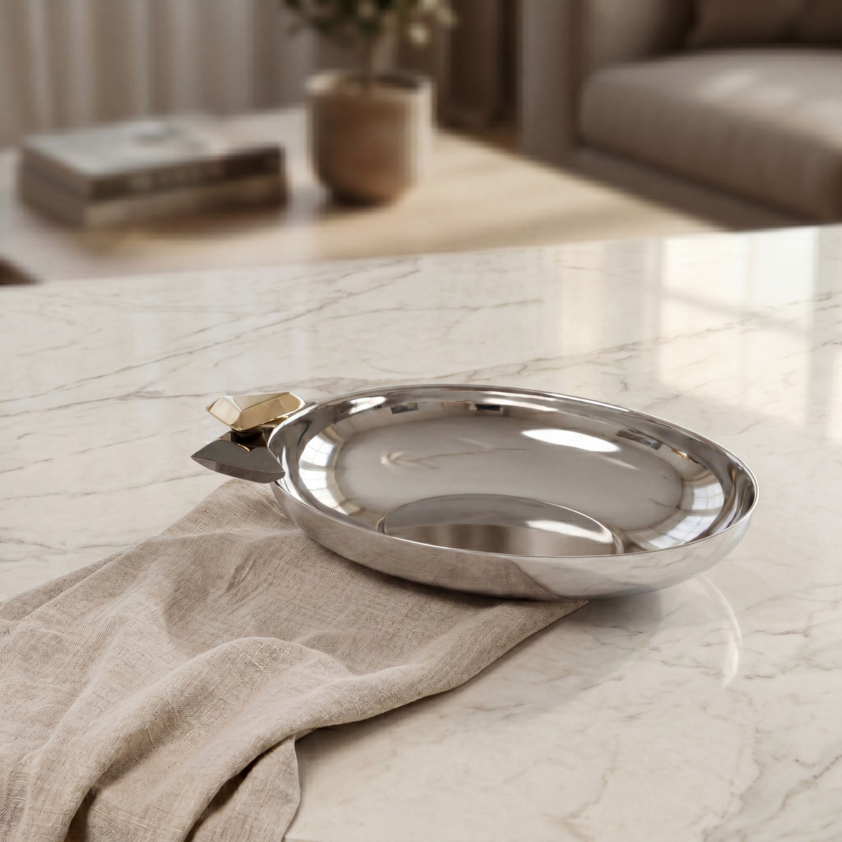 Shiny Steel Serving Bowl with Gold & Black Accents - Large