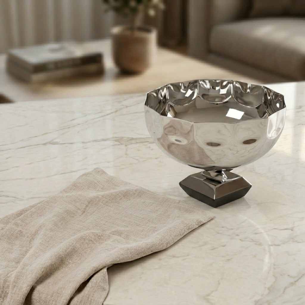 Round Metal Serving Bowl with base stand with gift box - Silver