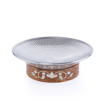 Small Metal Stand With Wood & Mother Of Pearl Base