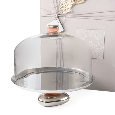 Cake stand with pebble base - Silver+Pink