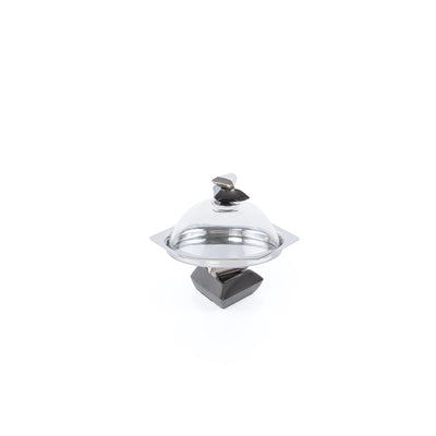 Metal cake stand with glass cover- black and silver small