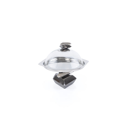 Metal cake stand with glass cover- black and silver large