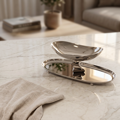 Oval Metal Dish with Bowl 2-Tires - Silver