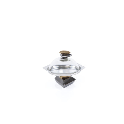 Metal cake stand with glass cover- black and gold small