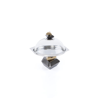 Metal cake stand with glass cover- black and gold large