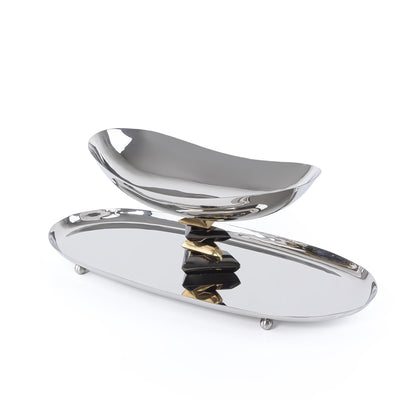 Oval Metal Dish with bowl 2-Tires - Silver