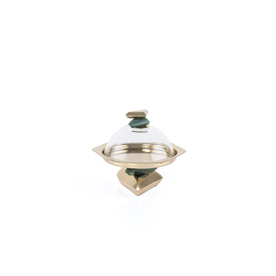 Metal cake stand with glass cover-green and gold small