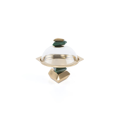 Metal cake stand with glass cover-green and gold large