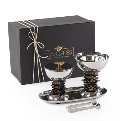 Metal set of 4 mabkhar with tray, bokhor box & tong with gift set