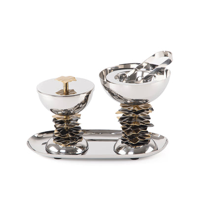 Metal set of 4 mabkhar with tray, bokhor box & tong with gift set