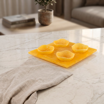 Set of 4 yellow serving bowls set on tray with gift box