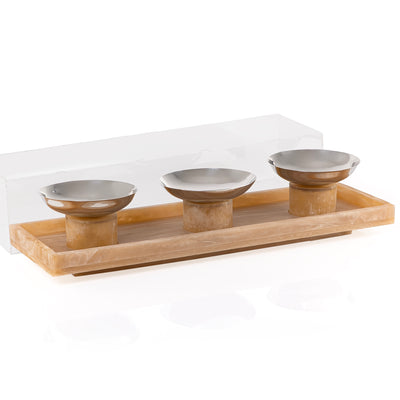 Set of 3 yellow serving bowls set on tray with gift box
