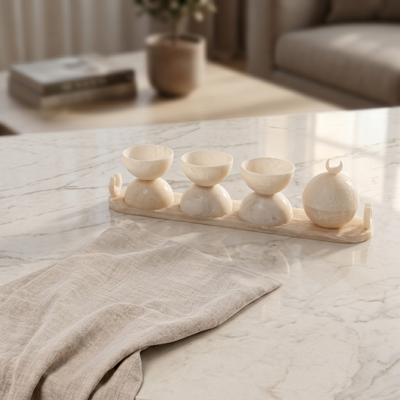 Set of 4 beige serving bowls set on tray with gift box