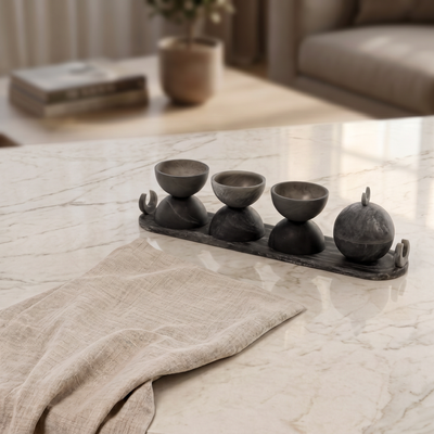 Set of 4 grey serving bowls set on tray with gift box