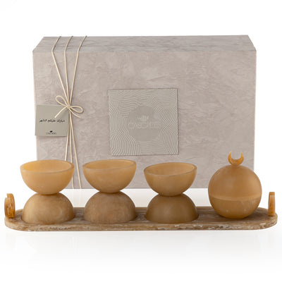 Set of 4 yellow serving bowls set on tray with gift box