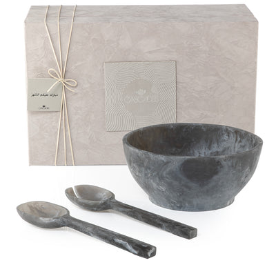 Set of grey salad bowl with 2 spoons with gift box