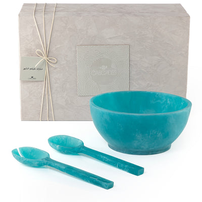 Set of blue salad bowl with 2 spoons with gift box