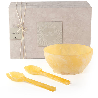 Set of yellow salad bowl with 2 spoons with gift box