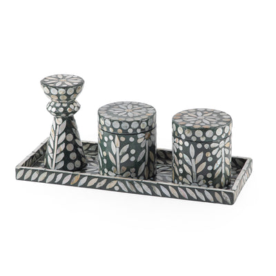 Set of 3 mother of pearl ( 2 jars , Decorative piece , tray) - green