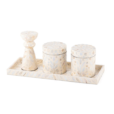 Set of 3 mother of pearl ( 2 jars , Decorative piece , tray) - cream