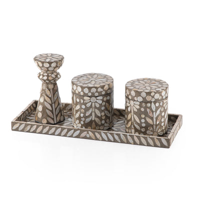 Set of 3 mother of pearl ( 2 jars , Decorative piece , tray) - brown