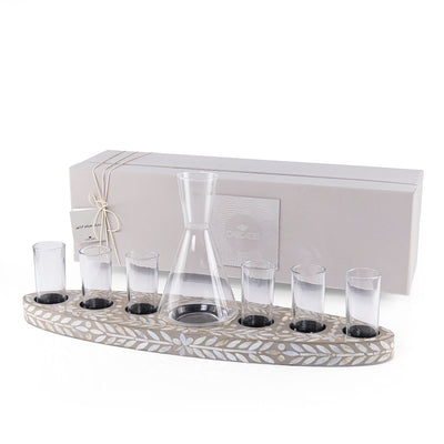 Set of Beige Tray with Jar 6 Glasses and gift box