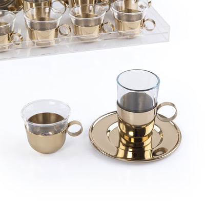 Set of 6 pcs of  Coffee Cups , 6 istikana With 6 Plates in Acrylic Box - Gold
