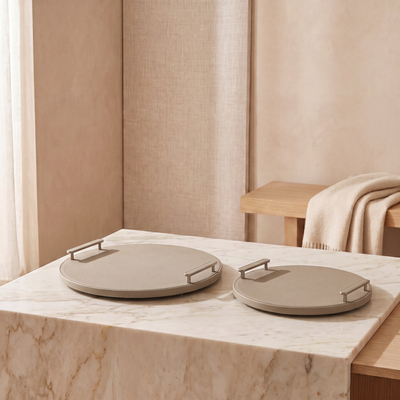 Round Shape 2 Wooden Tray, Wrap with Light Grey Color leather