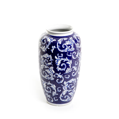 blue and white barrel ceramic vase