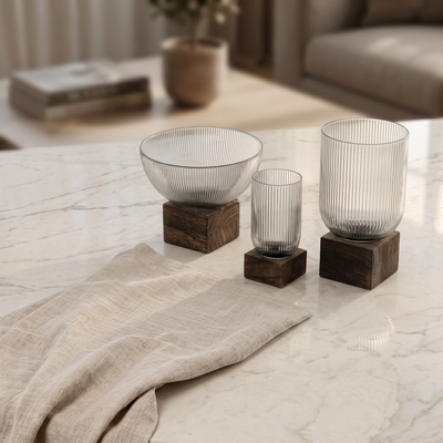 Set of 3 Glass Bowl With Wood Base