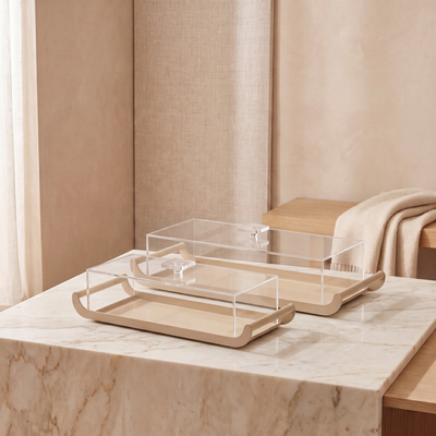 Set of 2 Beige Rectangular Metal Trays with Acrylic Covers