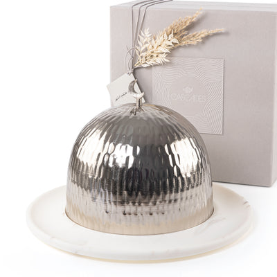 White Round Marble Base with Silver Metal Cover