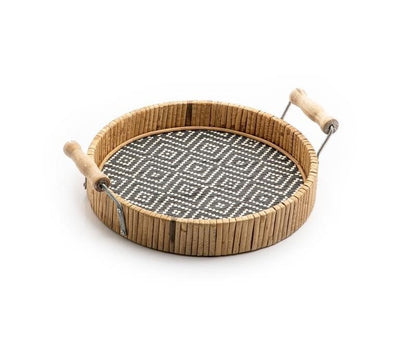 Black And Beige Round Rattan Tray
