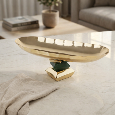 Elegant Metal Oval Serving Dish Gold with Green - Large