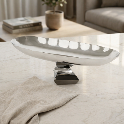 Elegant Metal Oval Serving Dish Silver with Black - Large