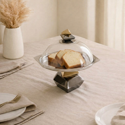 Metal cake stand with glass cover- black and gold large