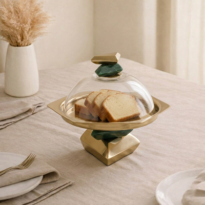 Metal cake stand with glass cover-green and gold large