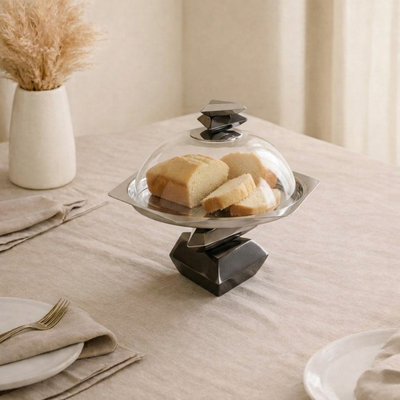 Metal cake stand with glass cover- black and silver large