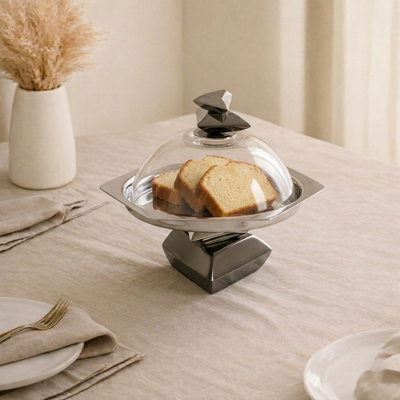 Metal cake stand with glass cover- black and silver small
