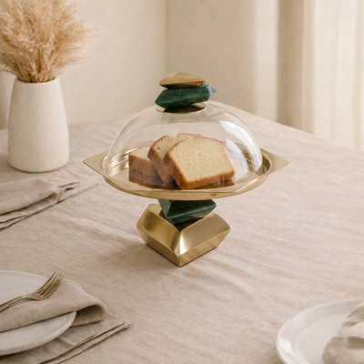 Metal cake stand with glass cover-green and gold small
