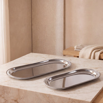 Set of 2 Oval Stainless Steel tray with gift box - Silver ( photo )