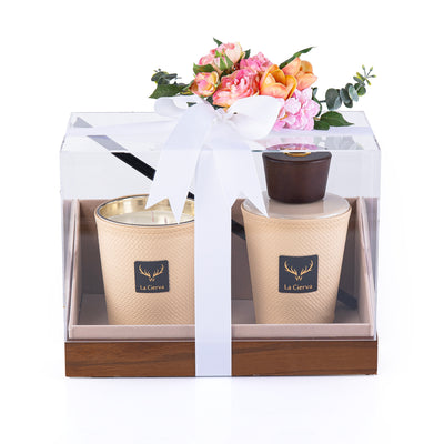 Cashmere Vanilla Gift Set of Candle & Diffuser -CREAMY from la cierva With Floral Ribbon